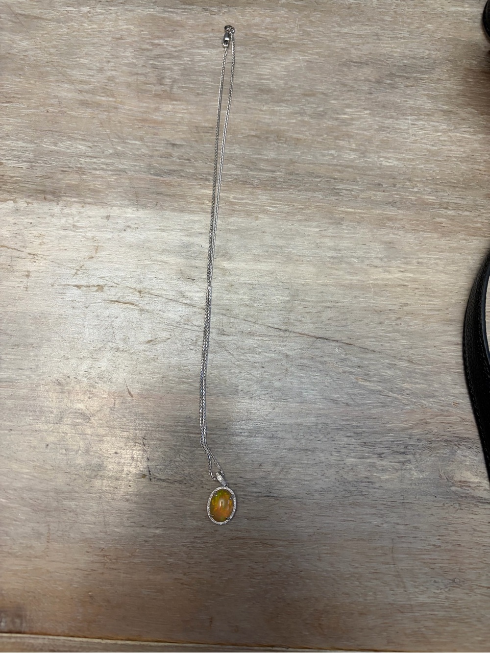 14k white gold Necklace with opal and diamonds Oval Pendant - Yellow